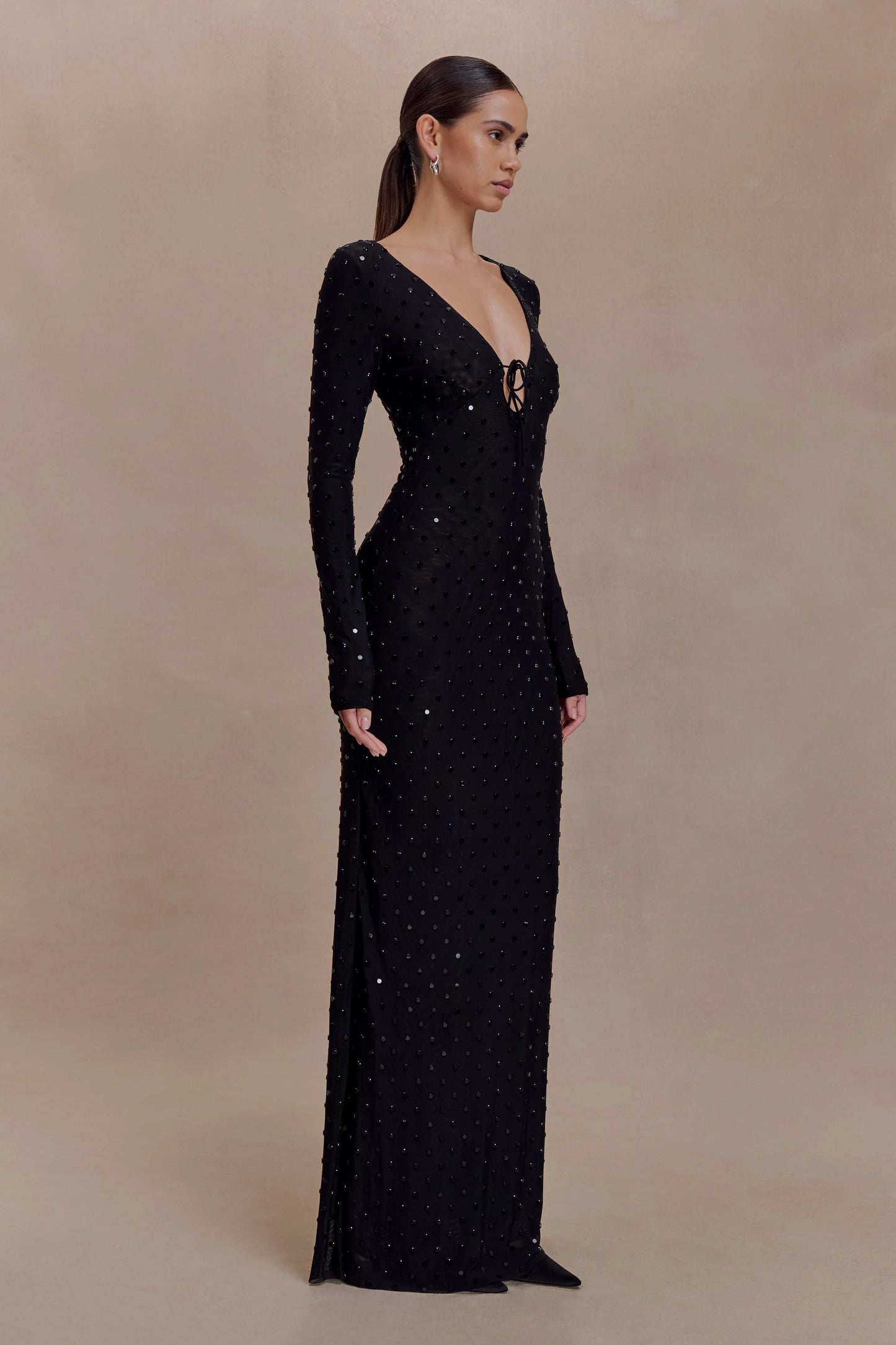Acadia Diamante Long Sleeve Maxi Dress Black