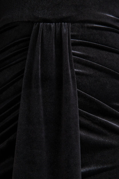 Adoring Black Velvet High Neck Maxi Dress With Cape
