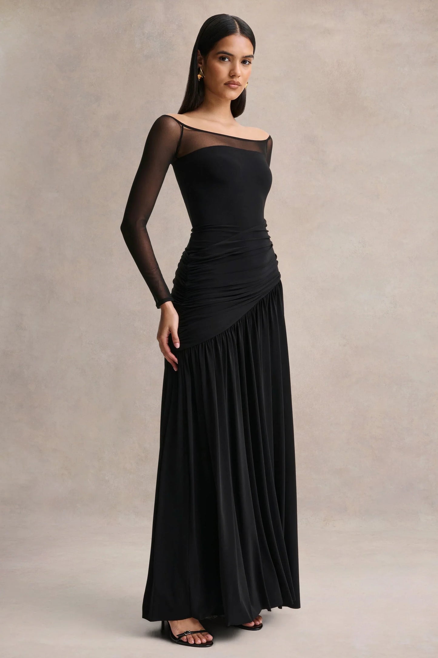 Bexley Black Bardot Neck Draped Maxi Dress With Long Mesh Sleeves