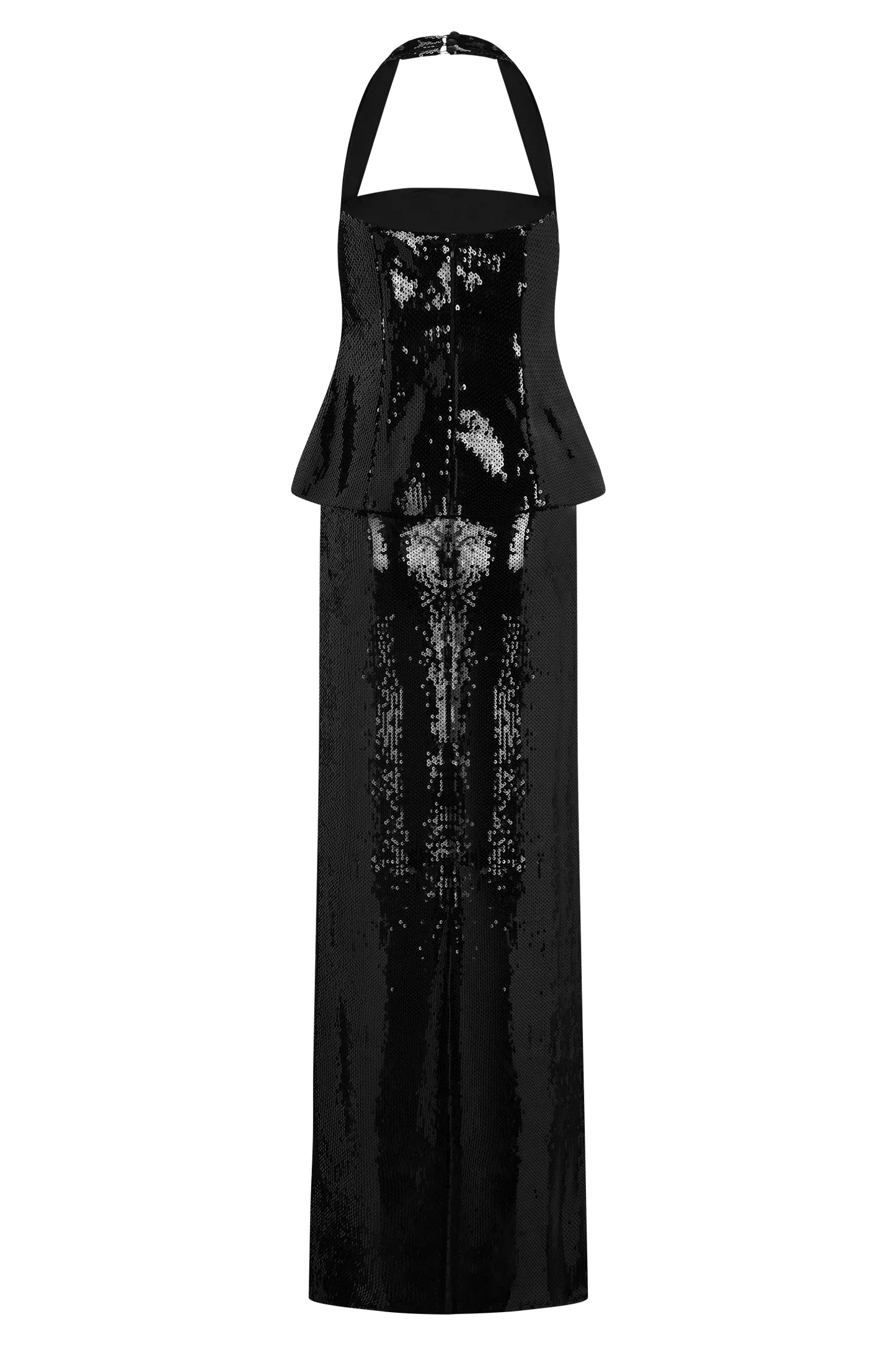 Bertie Sequin Peplum Halter Maxi Dress Black