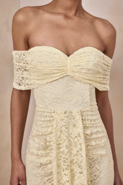 Aries Lemon Lace Bardot Neck Maxi Dress With Gathered Detailing