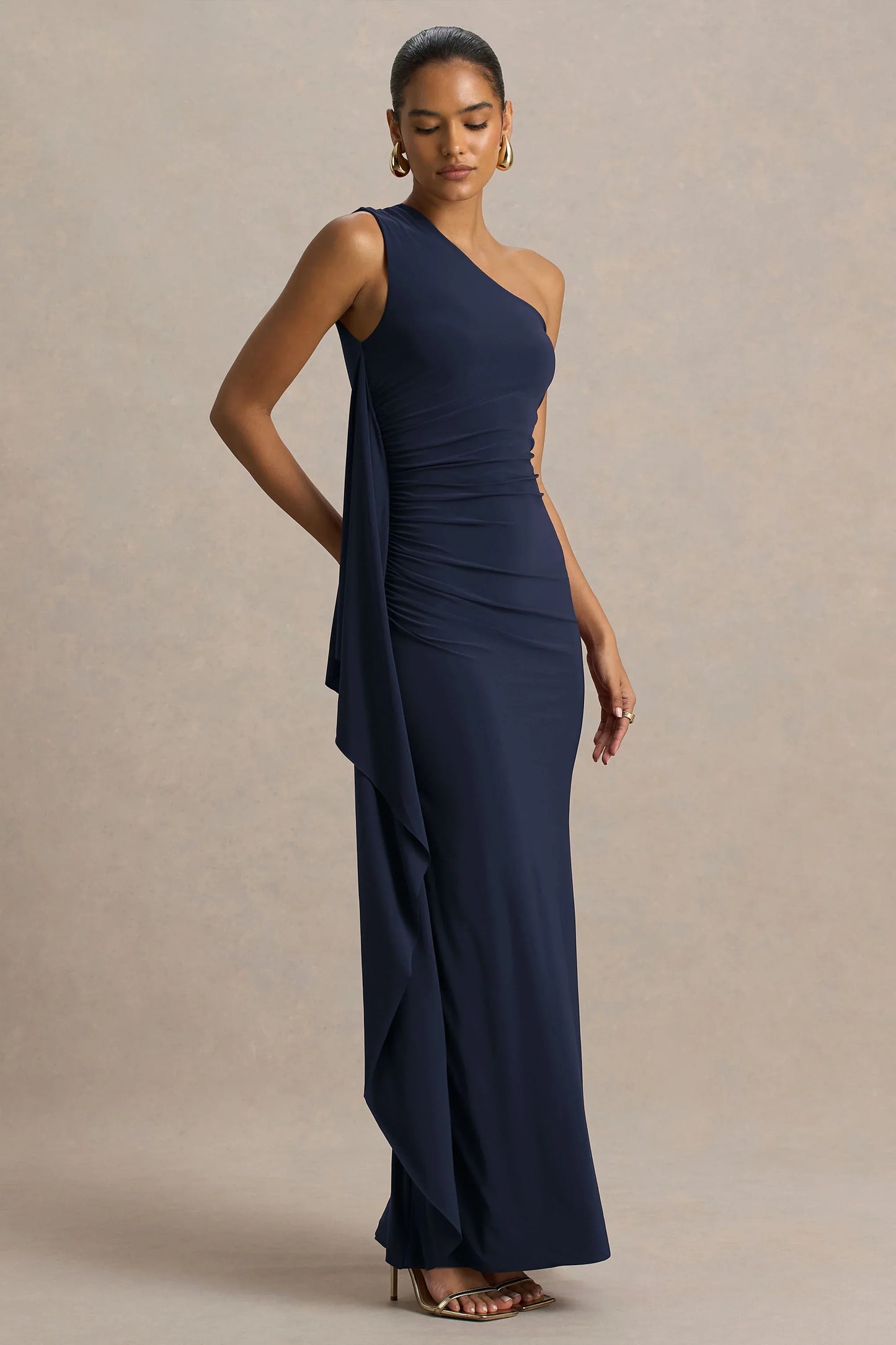 Adelina Navy One Shoulder Maxi Dress With Drape
