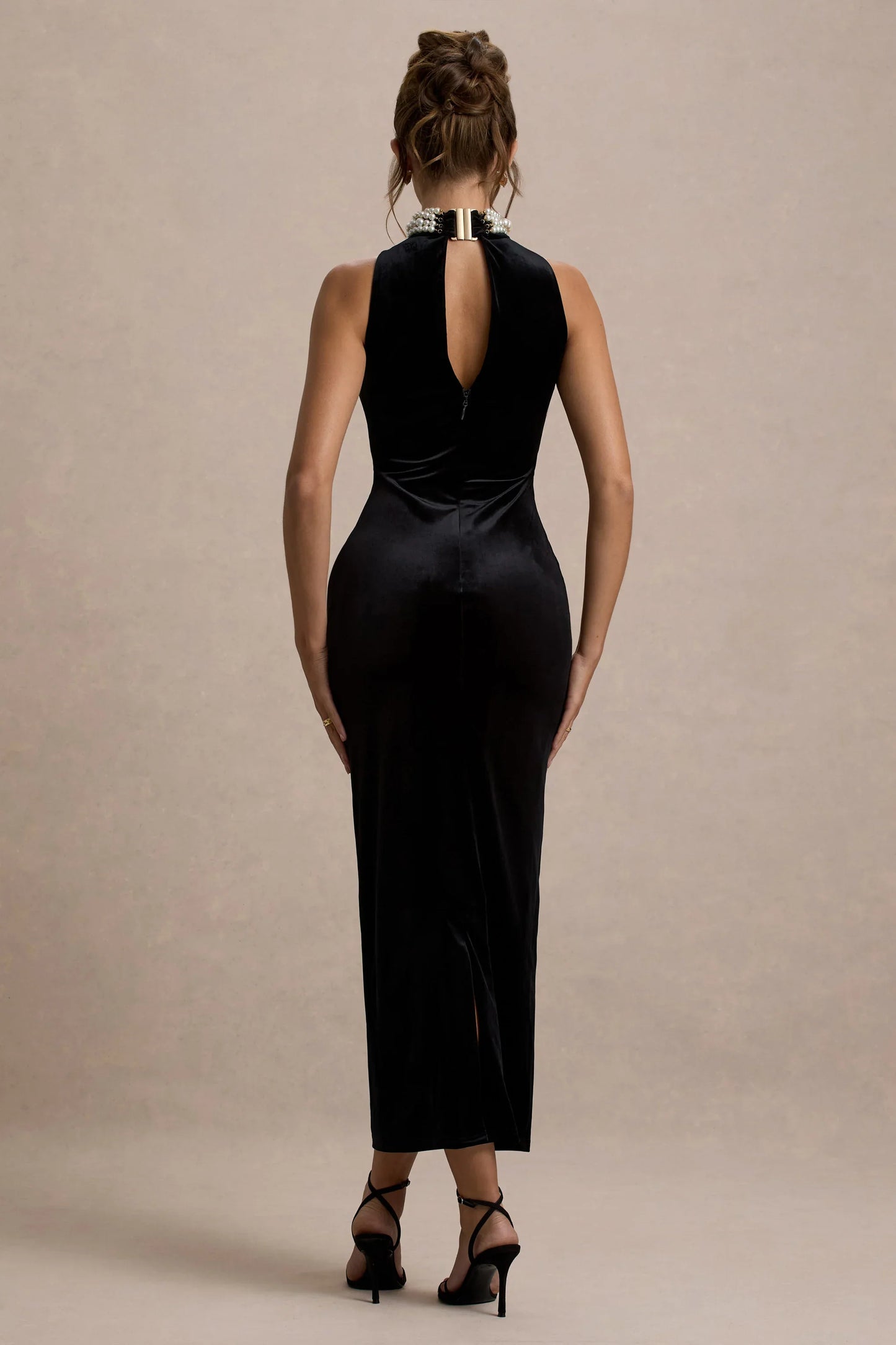 Audrine Black Velvet Embellished High Neck Maxi Dress