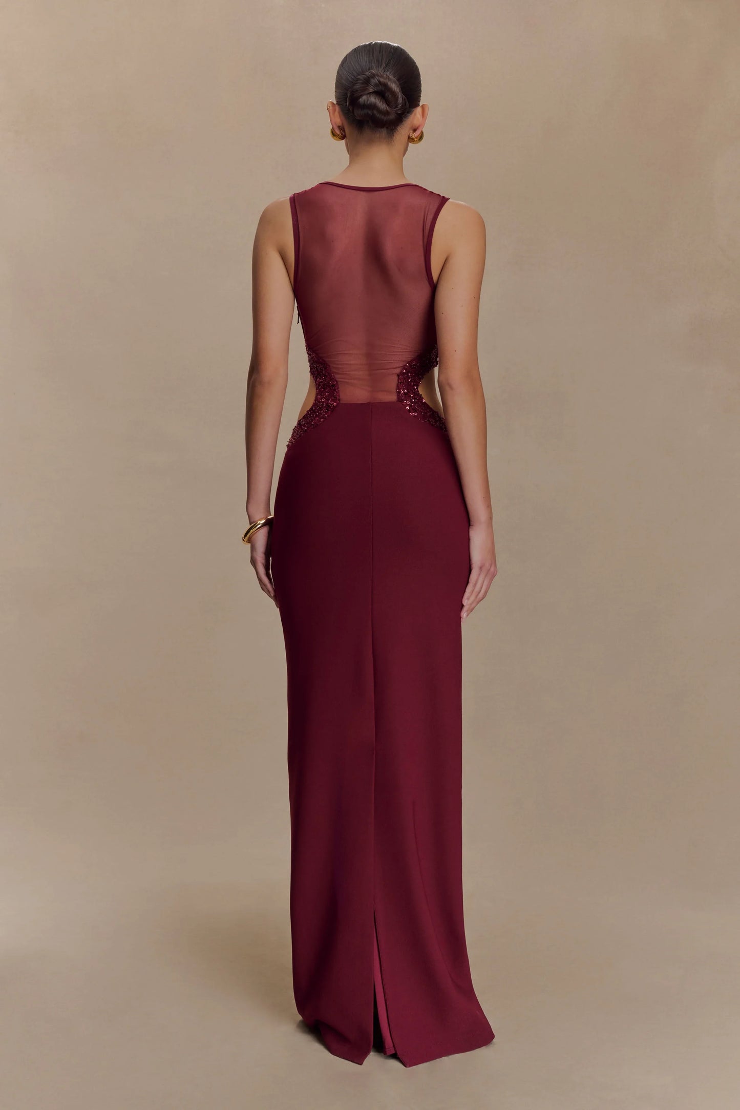 Angelique Beaded Crepe Maxi Dress Wine