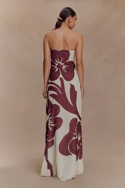 Amaya Strapless Chiffon Maxi Dress Brown Deco Fleur Print