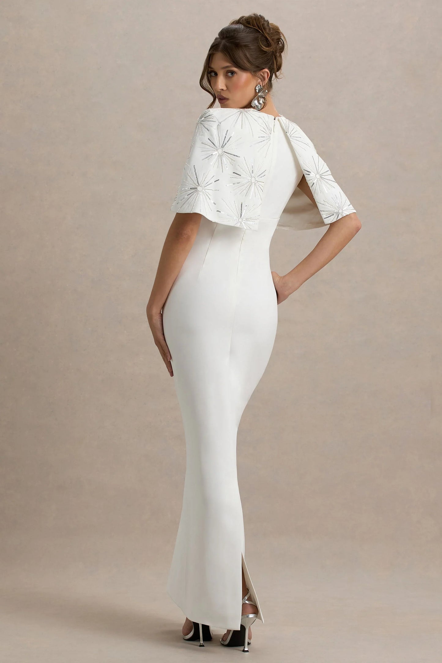 Agnella White Embellished V Neck Maxi Dress