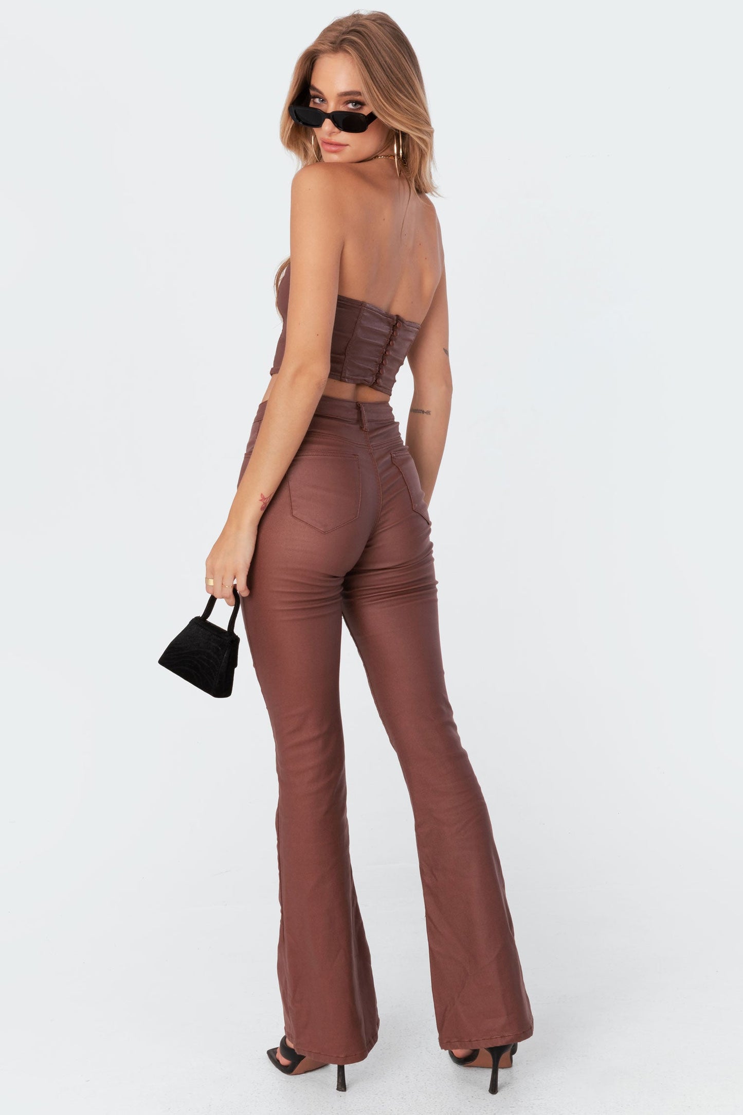 Luna Faux Leather Mid Rise Flared Jeans