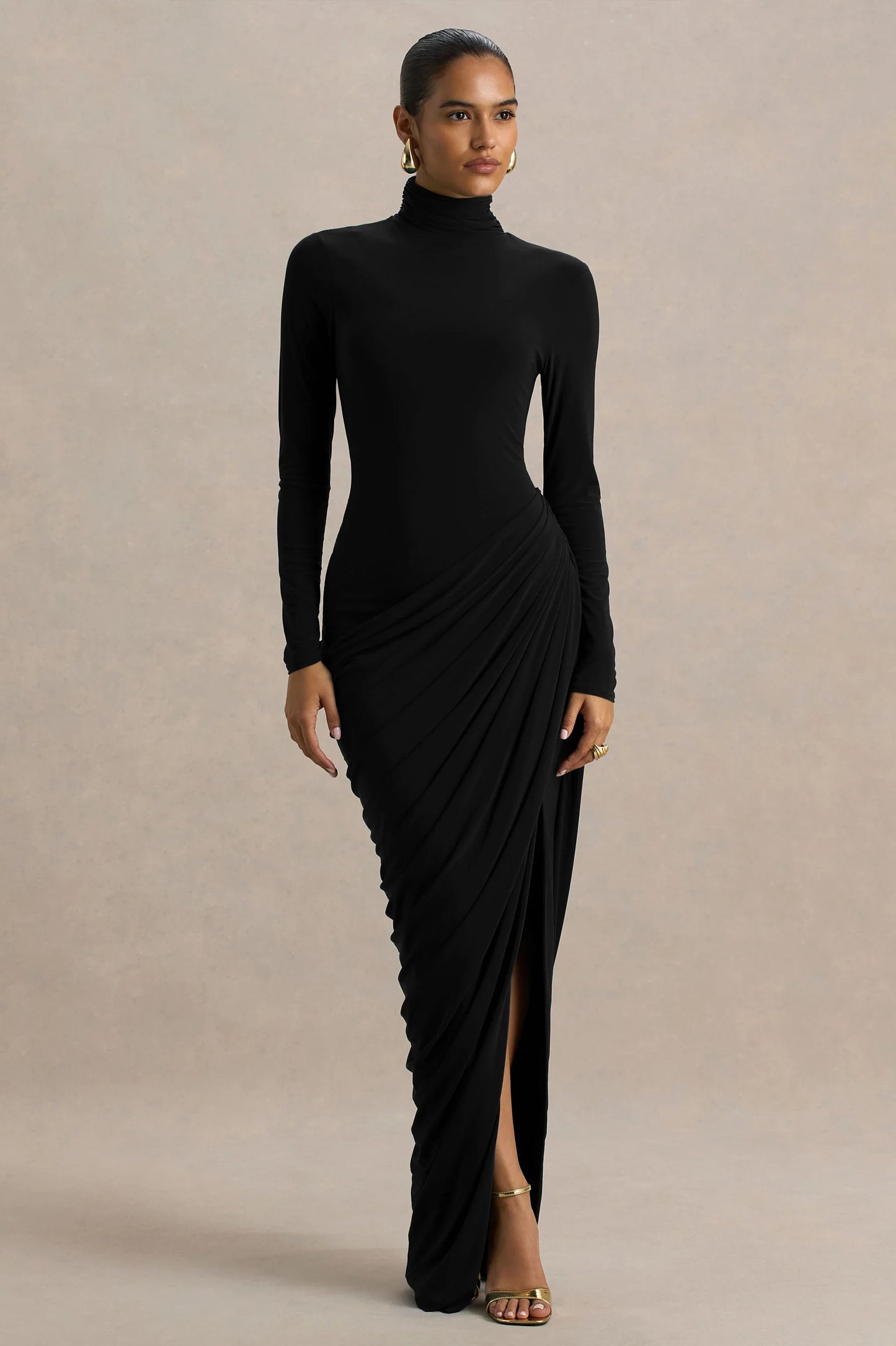 Betsy Black High Neck Maxi Dress With Front Split And Ruched Detailing
