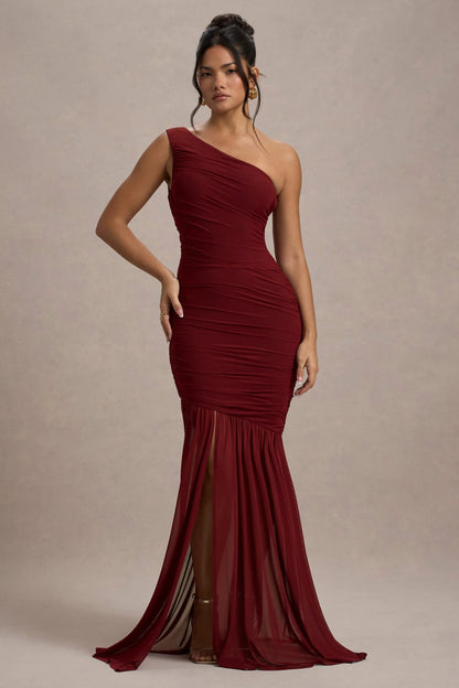 Bastia Burgundy Ruched Mesh Asymmetric Maxi Dress