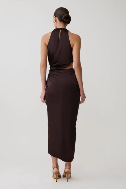Aveline Draped Halter Midi Dress Dark Chocolate