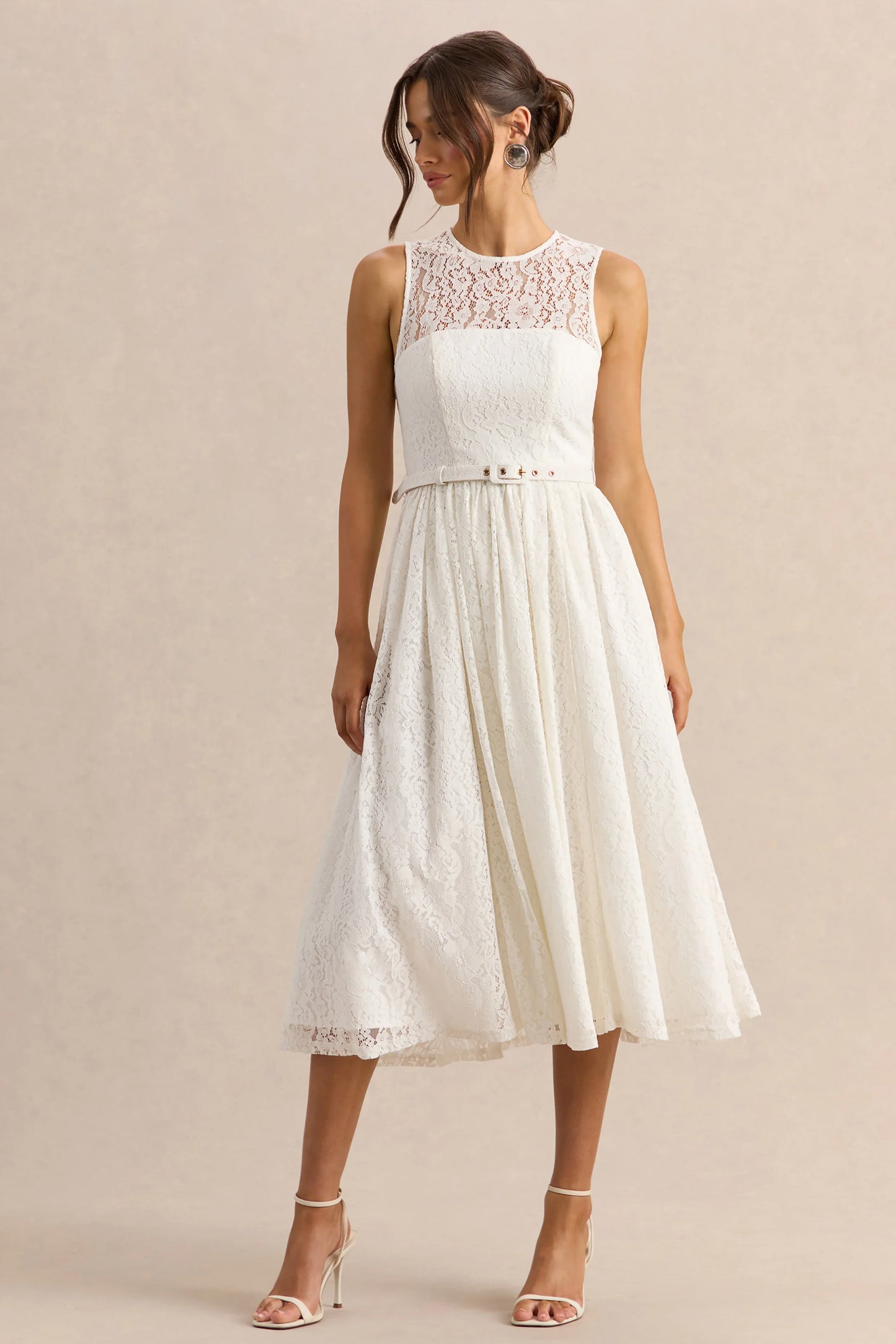 Anabella White Lace Crew Neck Belted Midi Dress