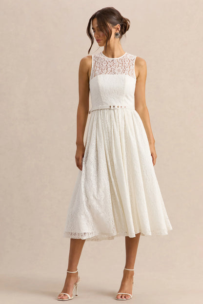 Anabella White Lace Crew Neck Belted Midi Dress