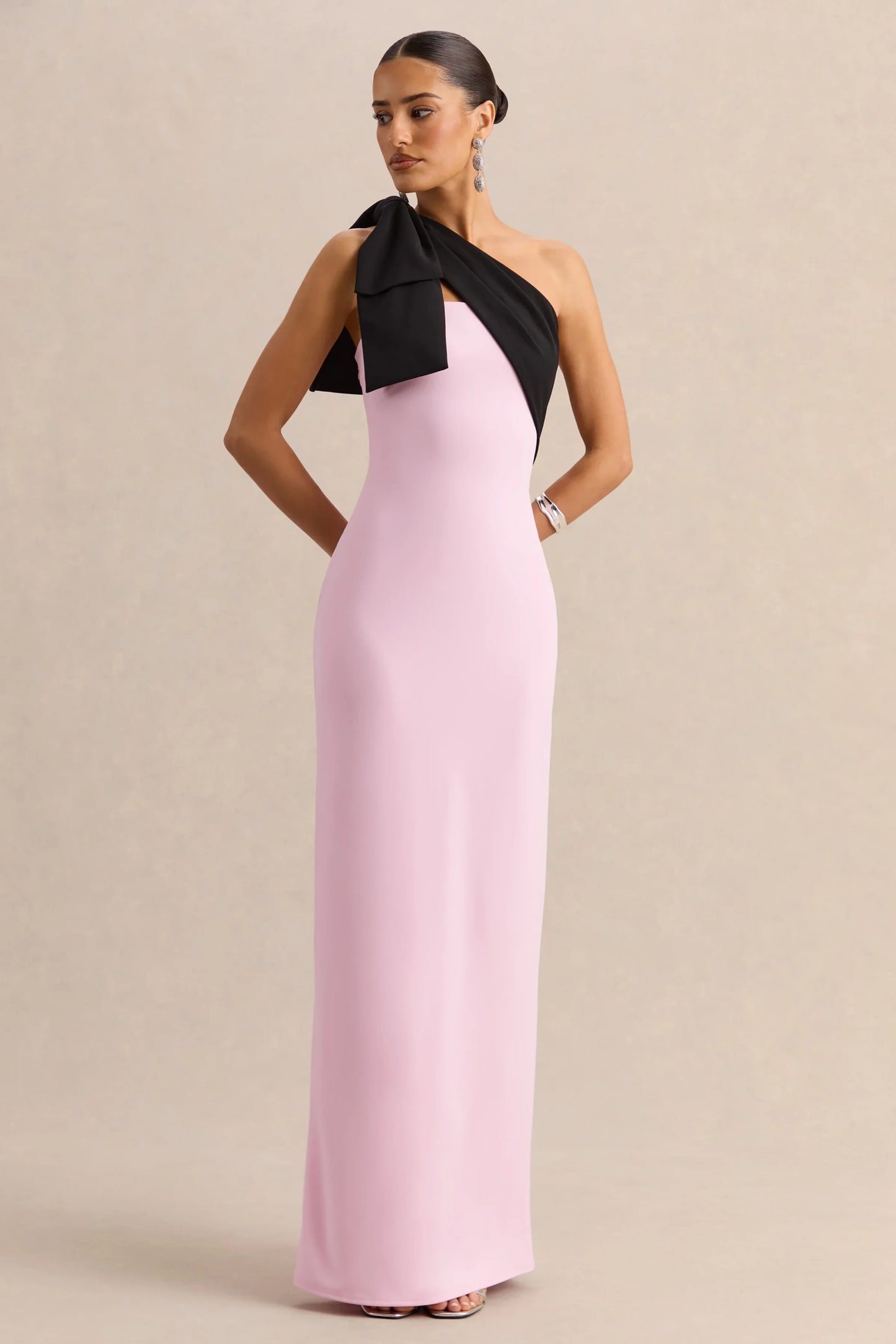 Adara Pink Black Asymmetric Neck Maxi Dress With Bow Detail