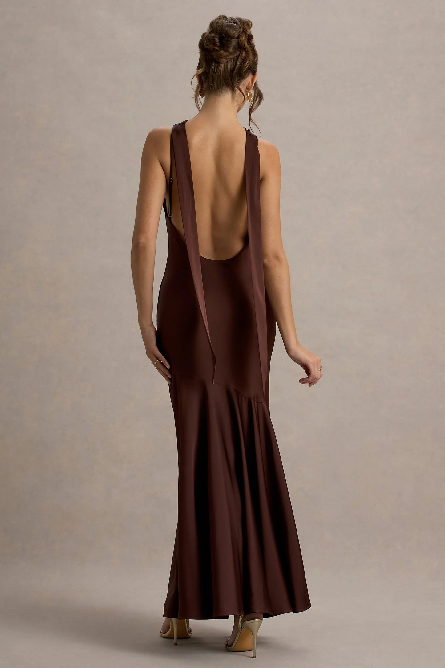 Amelita Brown Satin Cowl Neck Maxi Dress