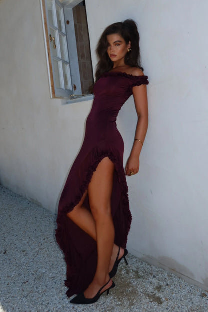 Arielle Off Shoulder Ruffle Midi Dress Plum