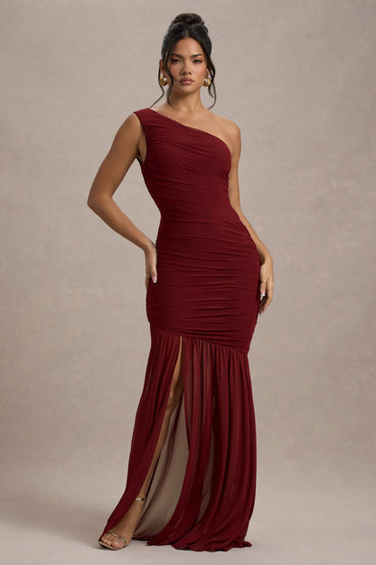 Bastia Burgundy Ruched Mesh Asymmetric Maxi Dress