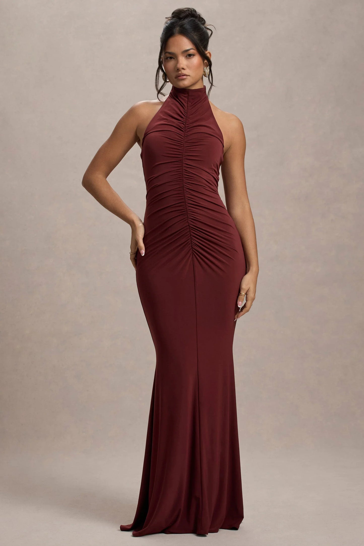 Arietta Port High Neck Ruched Fishtail Maxi Dress
