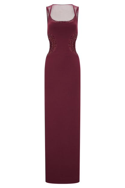 Angelique Beaded Crepe Maxi Dress Wine