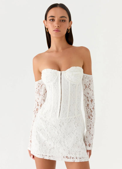 Already Know Lace Long Sleeve Mini Dress - White